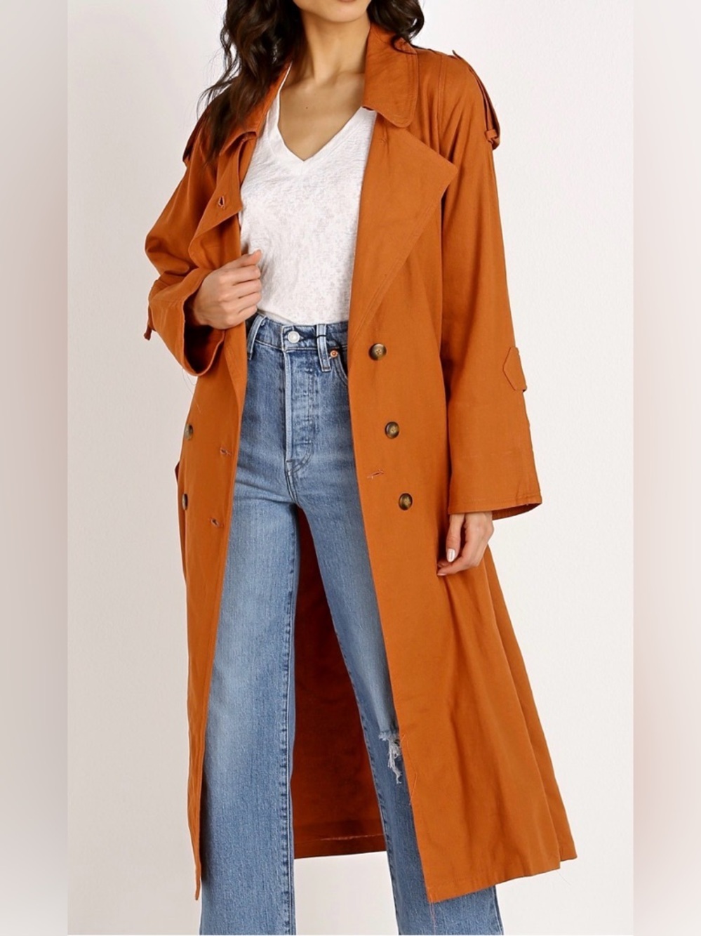 Jen’s Pirate Booty Basic Instinct linen blend trench coat, medium/large
